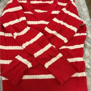 Tommy Hilfiger Red and White V-Neck Sweater